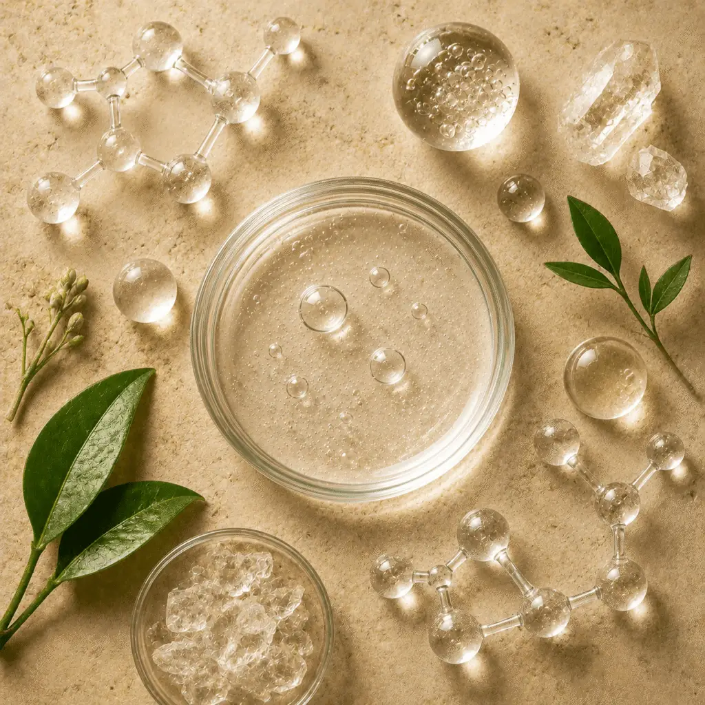 Clear hyaluronic acid gel in glass dish, surrounded by botanical leaves, molecular models, and crystalline structures on a neutral surface