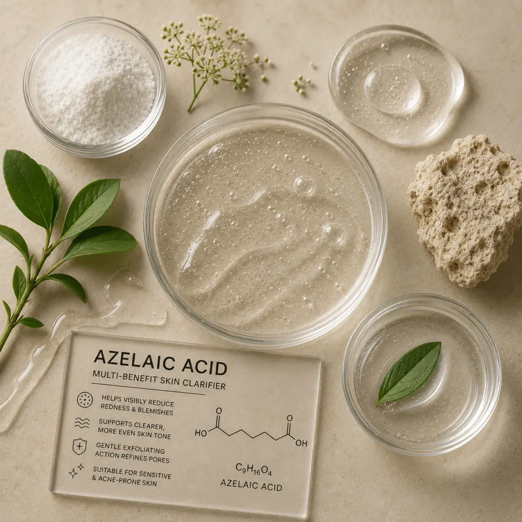 Clear gel formulation with azelaic acid, botanical leaf, white powder, porous stone, and glass labware on a neutral background