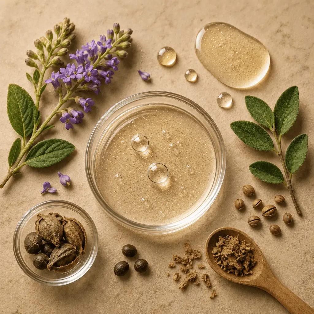 Clear botanical serum with bakuchiol, purple babchi flowers, seeds, green leaves, and natural plant extracts in glass dishes and wooden spoon