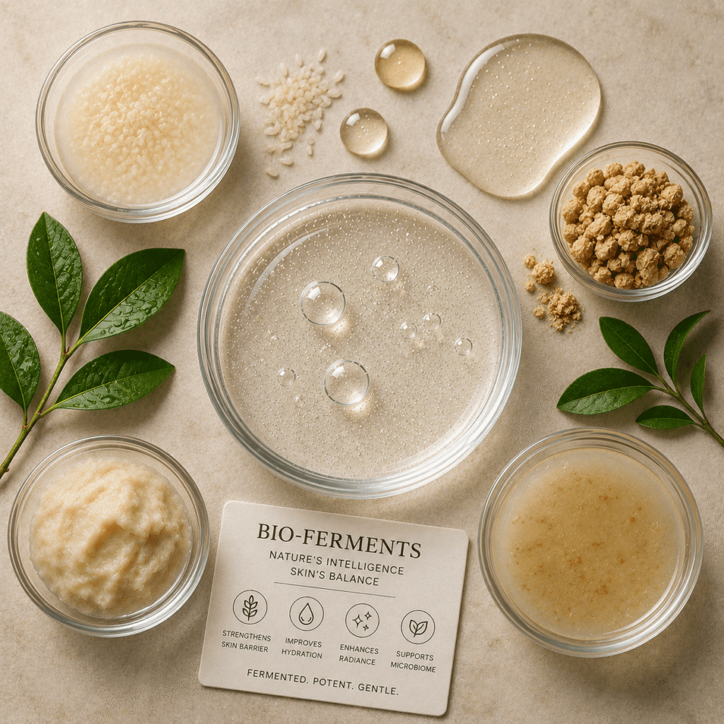Bio-ferment skincare actives in glass bowls, including rice, fermented liquids, and botanical leaves, highlighting microbiome-supporting ingredients