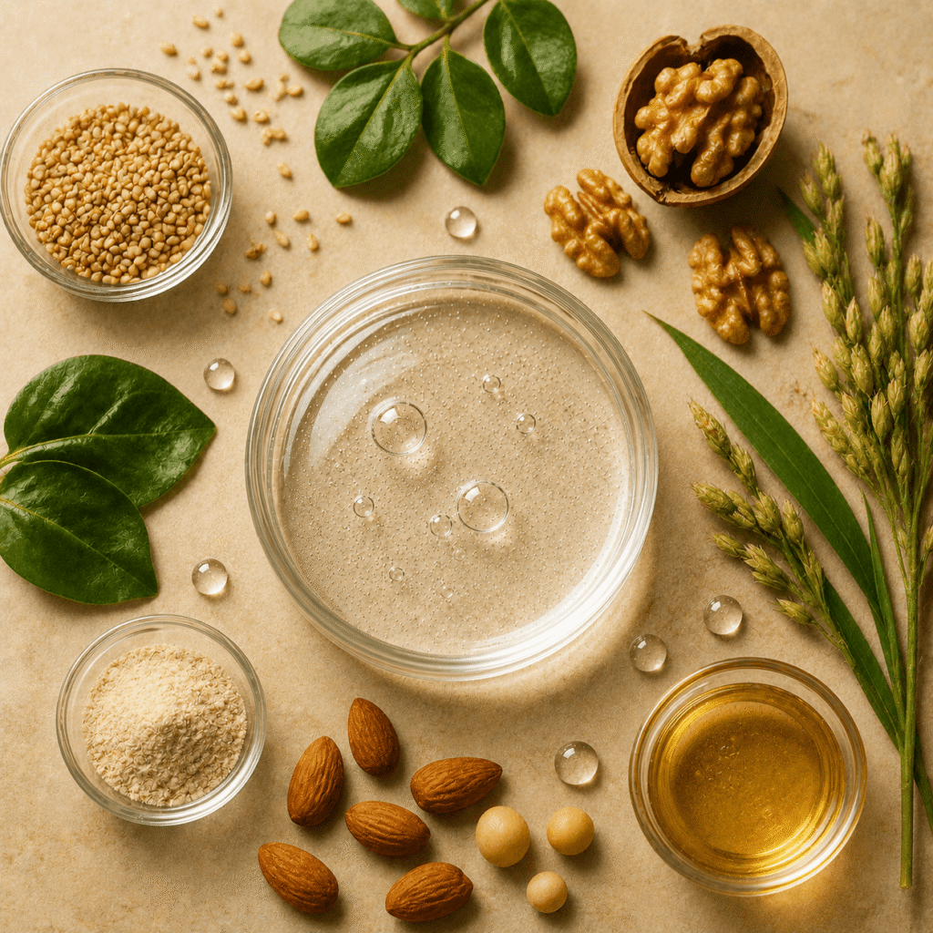 Clear cosmetic gel with visible air bubbles in a glass dish, surrounded by sesame seeds, walnuts, almonds, macadamia nuts, oat powder, golden oil, green leaves, and oat stalks, highlighting natural emollients