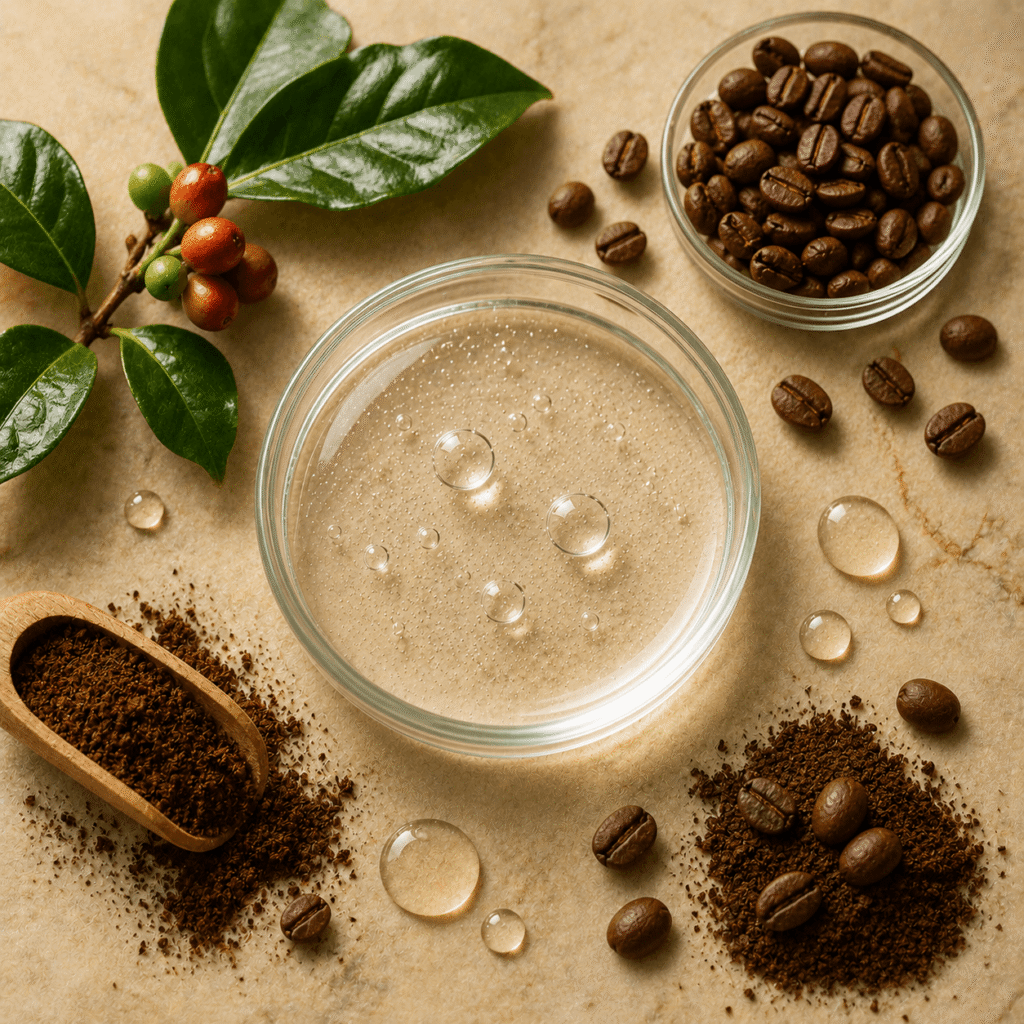 Clear gel formulation with visible air bubbles in a glass dish, surrounded by roasted coffee beans, ground coffee, and fresh coffee plant leaves, highlighting caffeine as an active ingredient.