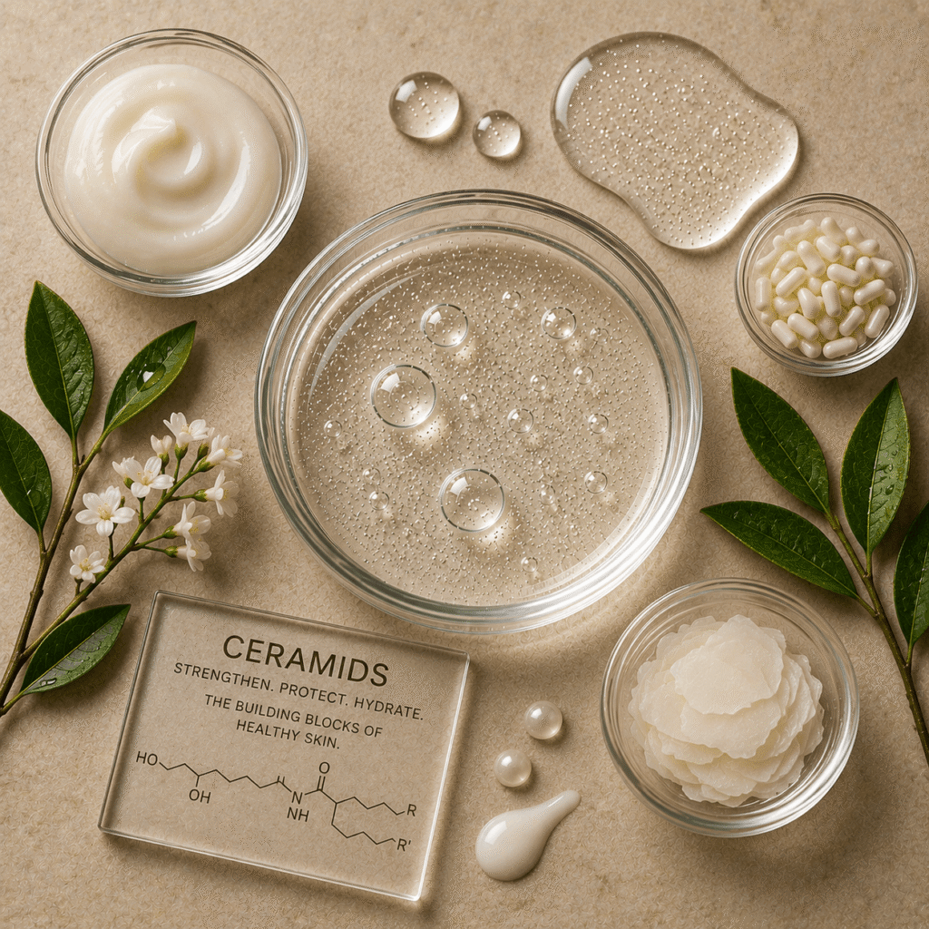 Clear gel with visible air bubbles in a glass dish, creamy emulsion, ceramide capsules, botanical leaves, and ceramide structure card arranged on a neutral background