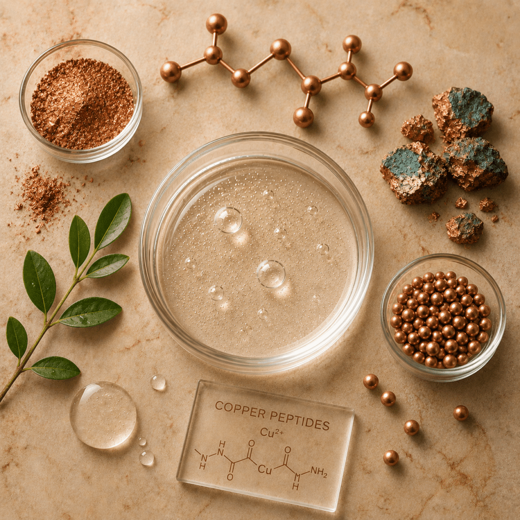 Clear gel with suspended bubbles in a glass dish, surrounded by copper powder, metallic copper spheres, copper mineral, botanical leaves, and a copper peptide molecule diagram.