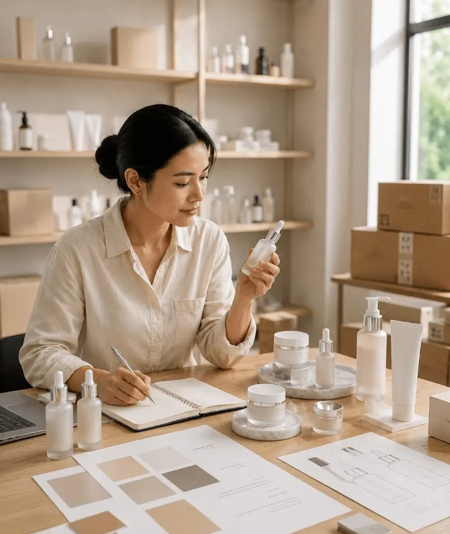 Cosmetic chemist analyzing clear serum in frosted glass dropper bottle, surrounded by peptide cream jars, lab sketches, and packaging samples on wooden table