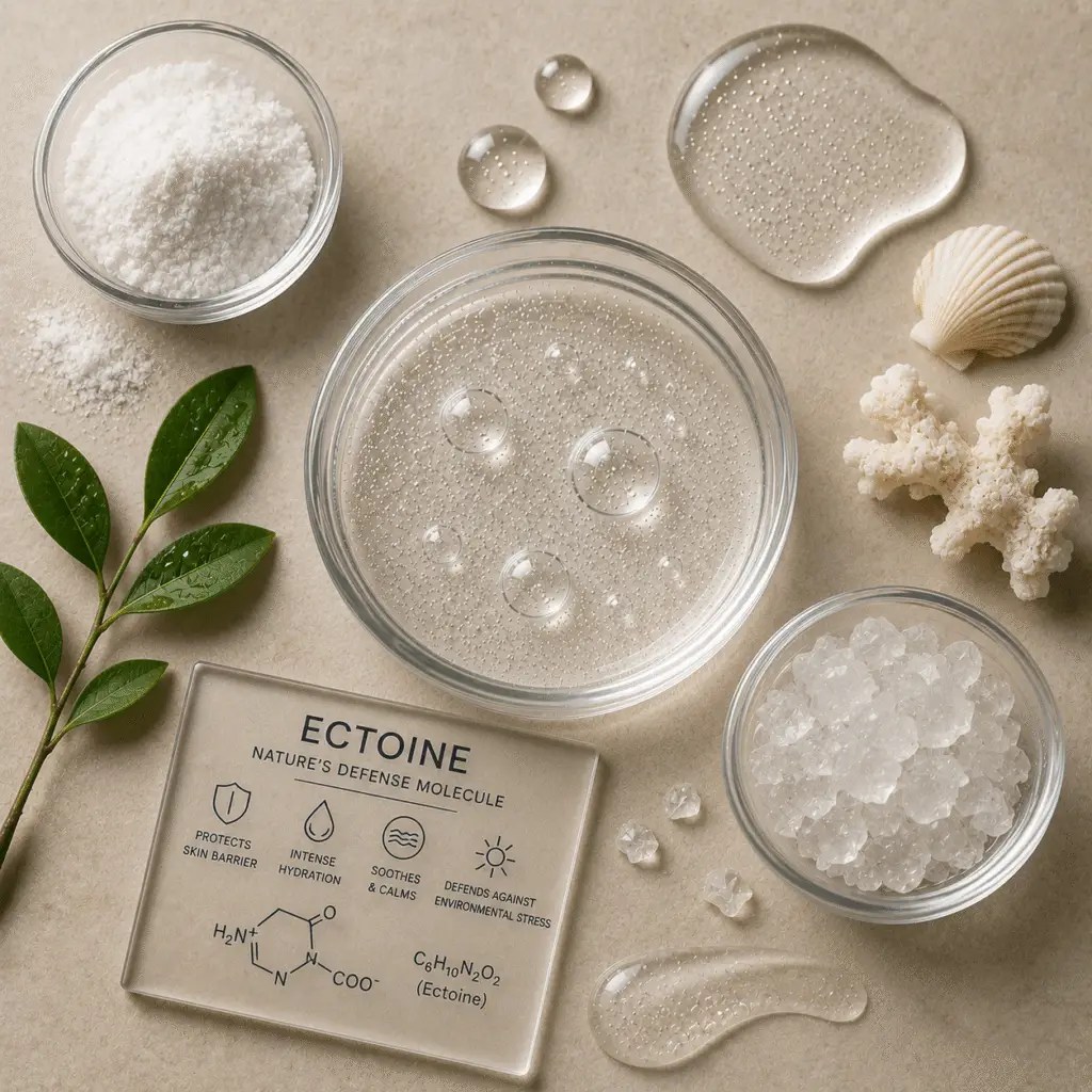 Clear gel with air bubbles in glass dish, ectoine molecule card, white salt crystals, green leaves, coral, and seashell on neutral surface