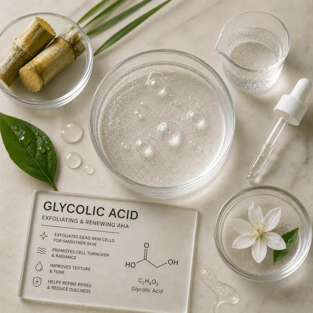 Clear glycolic acid gel with visible bubbles in glass dishes, sugarcane stalks, green leaf, white flower, and lab dropper on a neutral surface