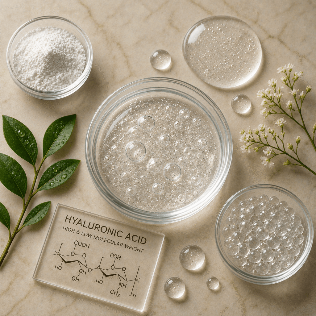 Clear hyaluronic acid gel, molecular diagram, glass bowls with spheres, white powder, green leaves, and delicate white flowers on marble surface