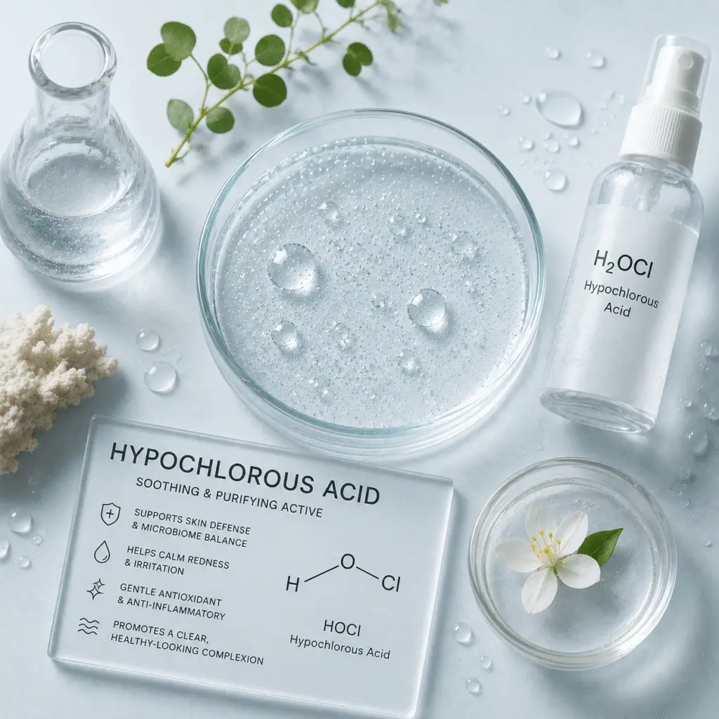 Clear hypochlorous acid spray bottle, petri dish with gel texture, glass beaker, botanical elements, and ingredient benefits card highlighting skin-calming and antioxidant properties
