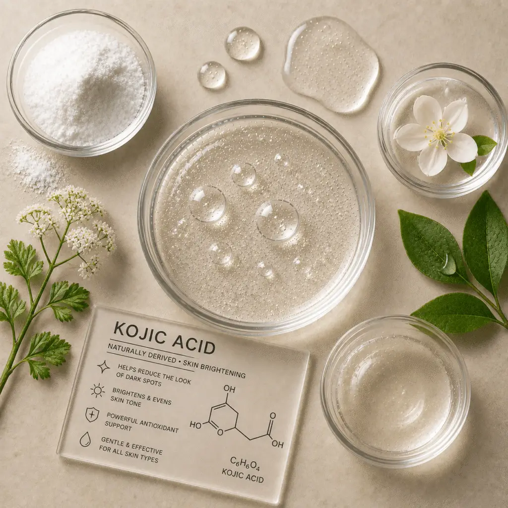 Clear gel formulation with visible air bubbles, kojic acid powder, botanical leaves, white flower, and kojic acid molecular diagram on a neutral background