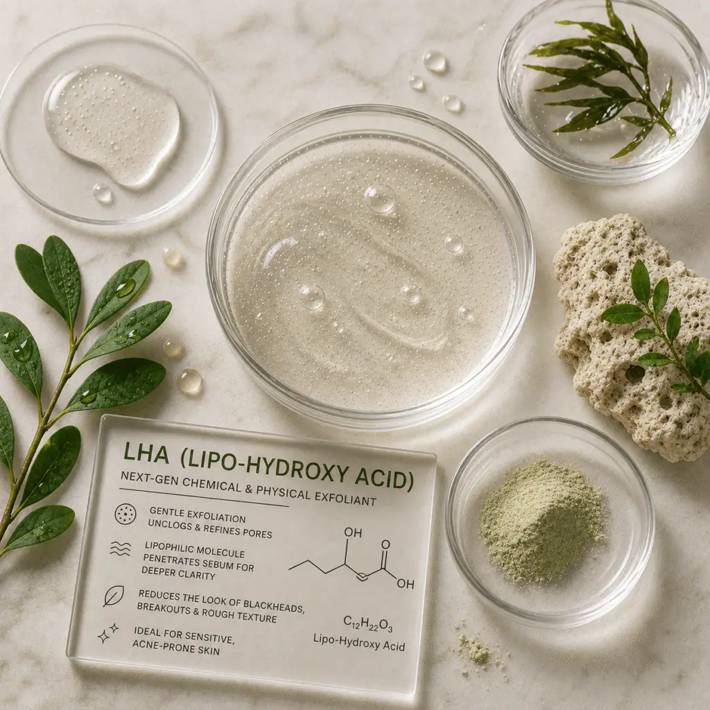 Clear gel formulation with suspended microbeads, LHA (lipo-hydroxy acid) ingredient card, botanical leaves, green powder, and natural sponge on marble surface