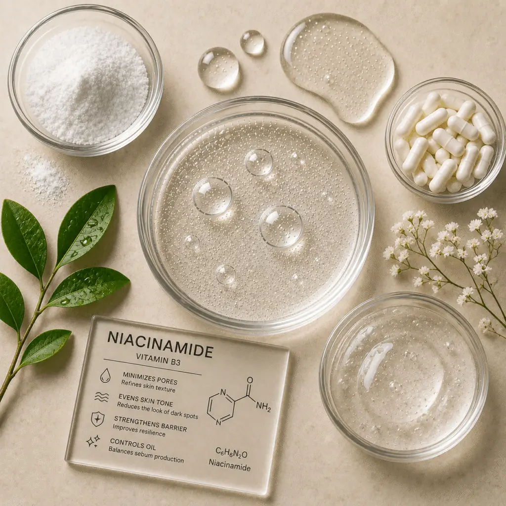Clear niacinamide serum with visible bubbles in glass dishes, white capsules, powder, green leaves, and a scientific info card highlighting vitamin B3 benefits