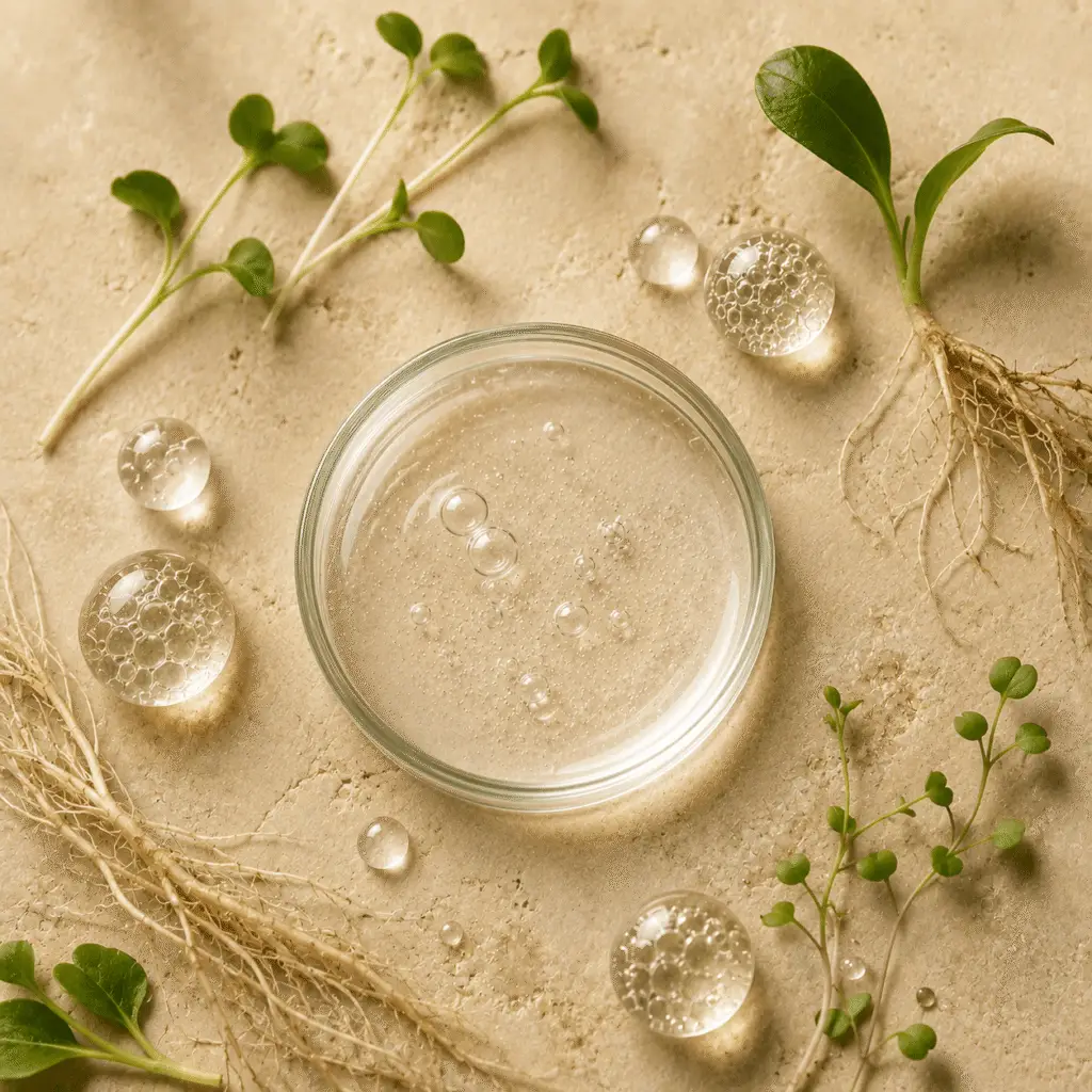 Clear hyaluronic acid gel in a glass dish surrounded by fresh plant roots, green microgreens, and transparent serum spheres on a neutral background