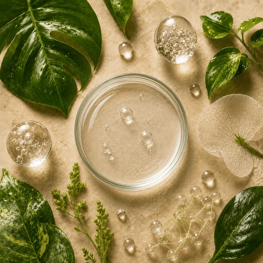 Clear hyaluronic acid gel in a glass dish surrounded by botanical leaves, transparent spheres, and plant extracts on a neutral background