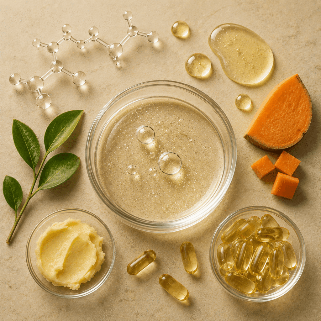 Clear gel serum in glass bowl with vitamin E capsules, shea butter, sweet potato, green tea leaves, and molecular structure, highlighting antioxidant formulation concept