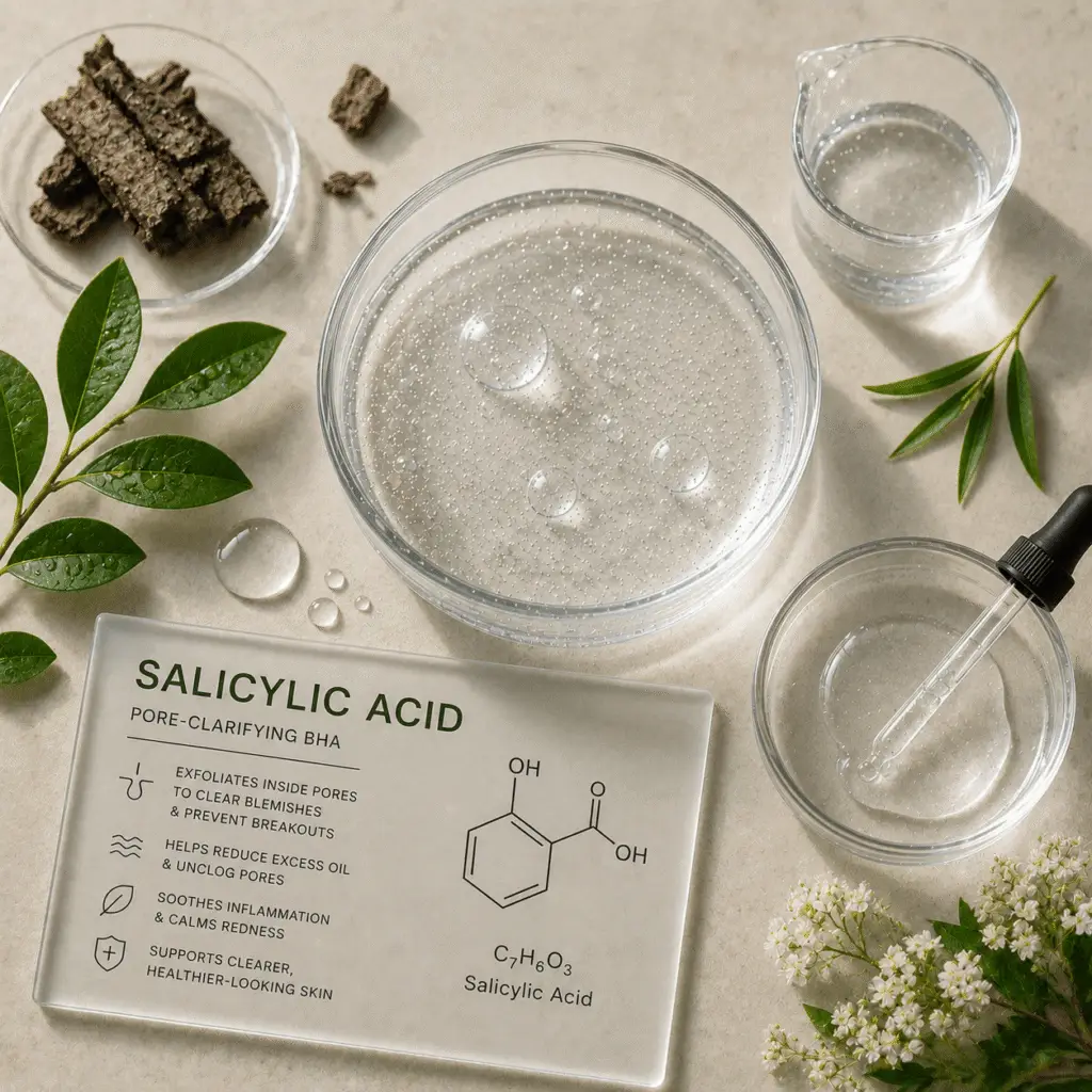 Clear gel formulation with visible bubbles in glass dishes, salicylic acid ingredient card, botanical leaves, bark, and laboratory glassware on a neutral surface