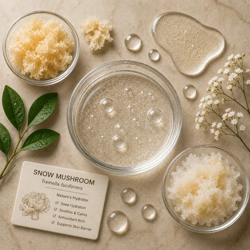 Clear gel formulation with suspended bubbles, snow mushroom extract, botanical leaves, and white flowers arranged on a neutral surface, highlighting Tremella fuciformis hydration benefits.