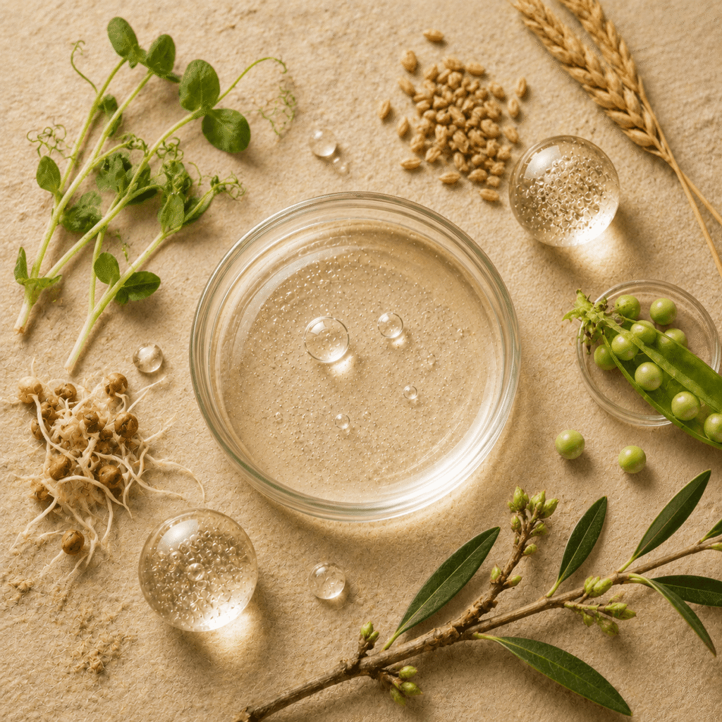 Clear hydrogel serum in a glass dish surrounded by pea shoots, wheat grains, sprouted seeds, green peas, and olive twig, highlighting botanical actives