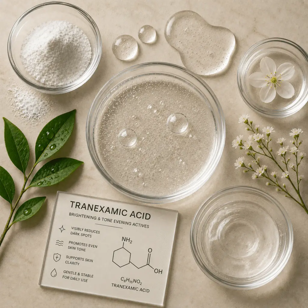 Clear gel formulation with visible microbeads in glass dishes, tranexamic acid info card, white powder, botanical leaves, and delicate white flowers on a neutral background