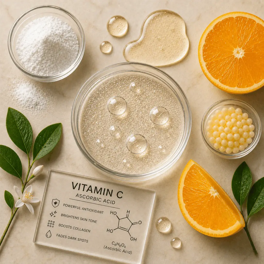 Clear gel with microbeads, ascorbic acid powder, vitamin C pearls, orange slices, and botanical leaves on a neutral background