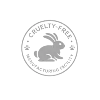 Gray cruelty-free certification seal featuring a rabbit illustration, symbolizing ethical, animal-free cosmetic manufacturing standards.